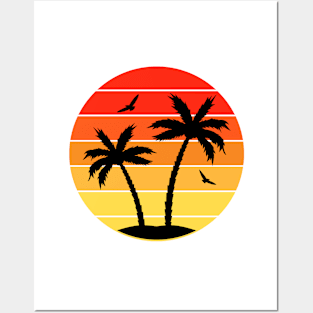 Vintage Colorful  beach sunset palm trees Posters and Art